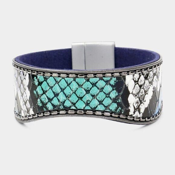 Snake Skin Patterned Faux Leather Magnetic Bracelet - Picture 1 of 6